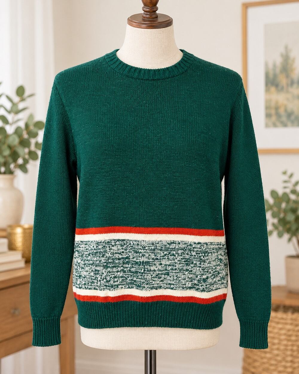 Vintage JCPenney Green Orange White Stripe Crewneck Knit Sweater Women’s M
